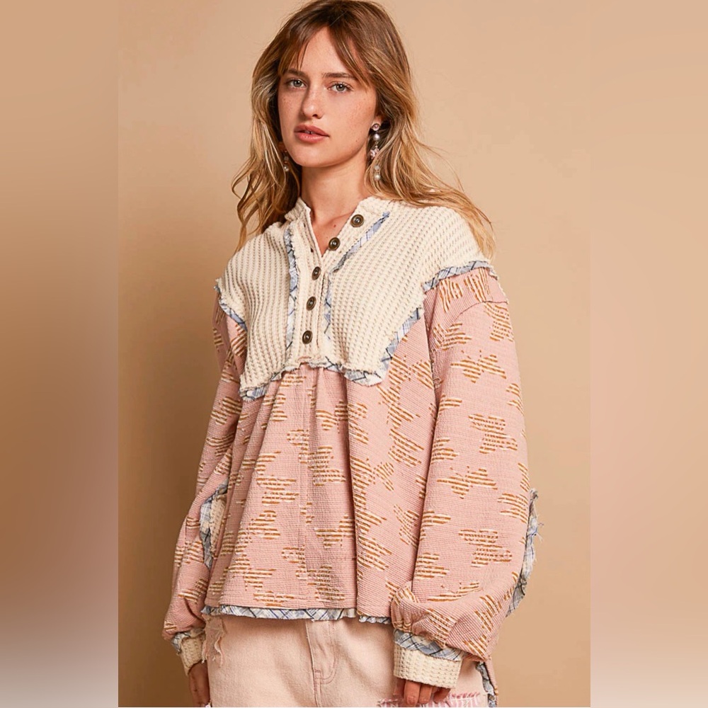POL Patchwork Waffle Knit Hoodie w/ Elbow Patches Boho Pullover